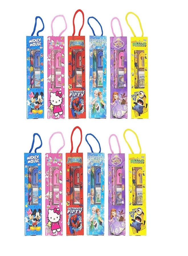 Tusmad Birthday Party Return Gifts - Mix Stationery Kit for Kids (Pack of 12) - Fancy Printed Ruler, 2 Pencils, Sharpener & Eraser Set in Charming Gift Box Multicolor - Image 1